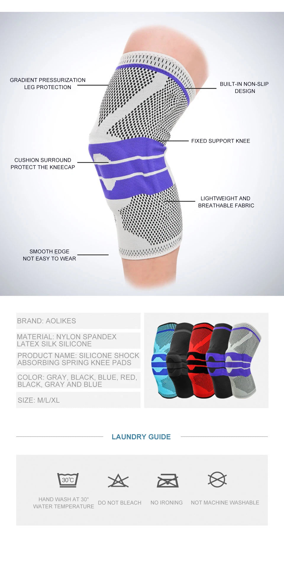 AOLIKES Knee Brace for Men Women Silicone Gel Spring Support Knee Pads Workout Meniscus Tear Joint Pain Relief Knee Sleeve