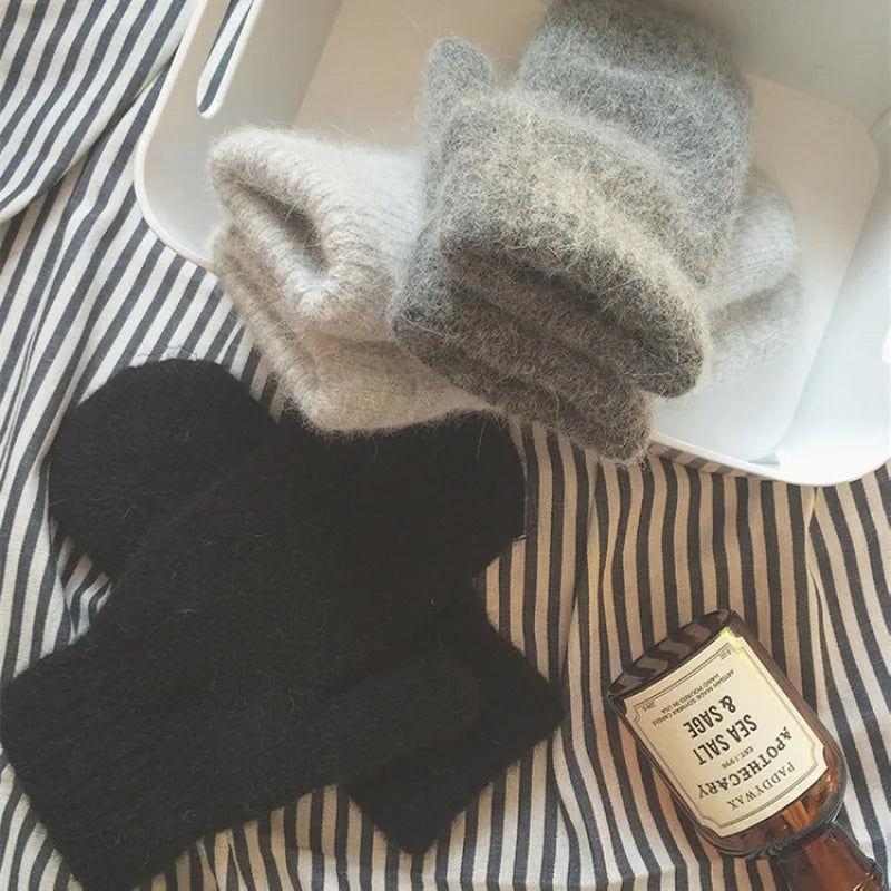 New Women Winter Keep Warm Plus Cashmere Solid Elasticity Soft Full Fingers Mittens Gloves Imitation Rabbit Fur Knitted Cute