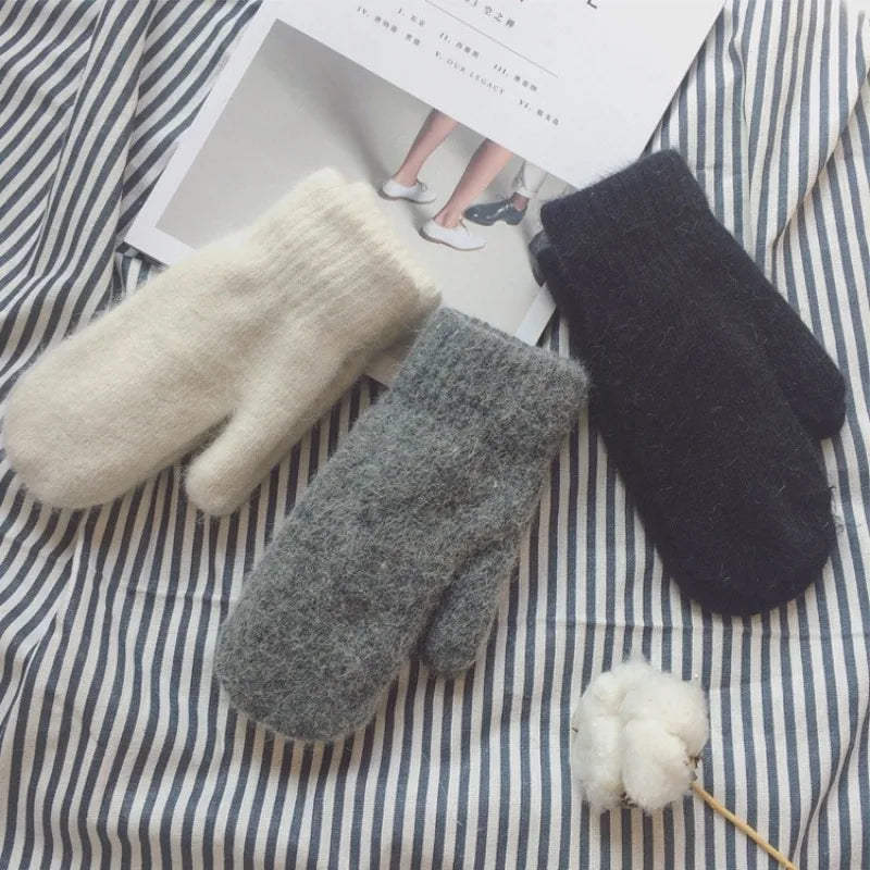 New Women Winter Keep Warm Plus Cashmere Solid Elasticity Soft Full Fingers Mittens Gloves Imitation Rabbit Fur Knitted Cute