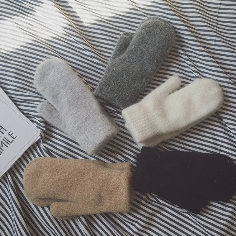 New Women Winter Keep Warm Plus Cashmere Solid Elasticity Soft Full Fingers Mittens Gloves Imitation Rabbit Fur Knitted Cute