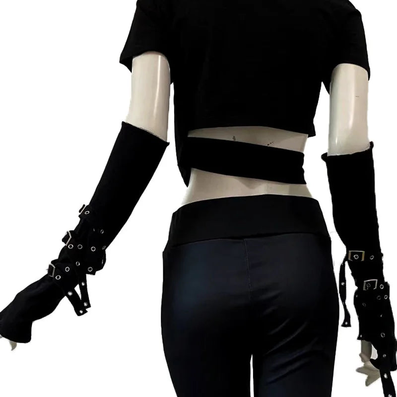 1 Pair Cool Black Gothic Sun-protective Sleeve Punk Unisex Arm Warmer Harajuku Half-fingered Gloves Cuff with Buckle Ninja