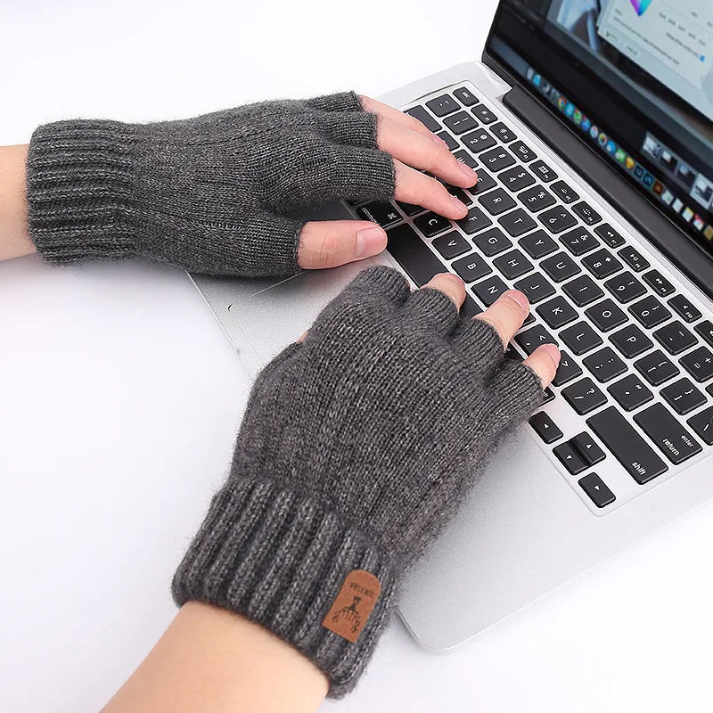 Half finger gloves for men winter warm and cold leak five finger couple female students knitted wool write