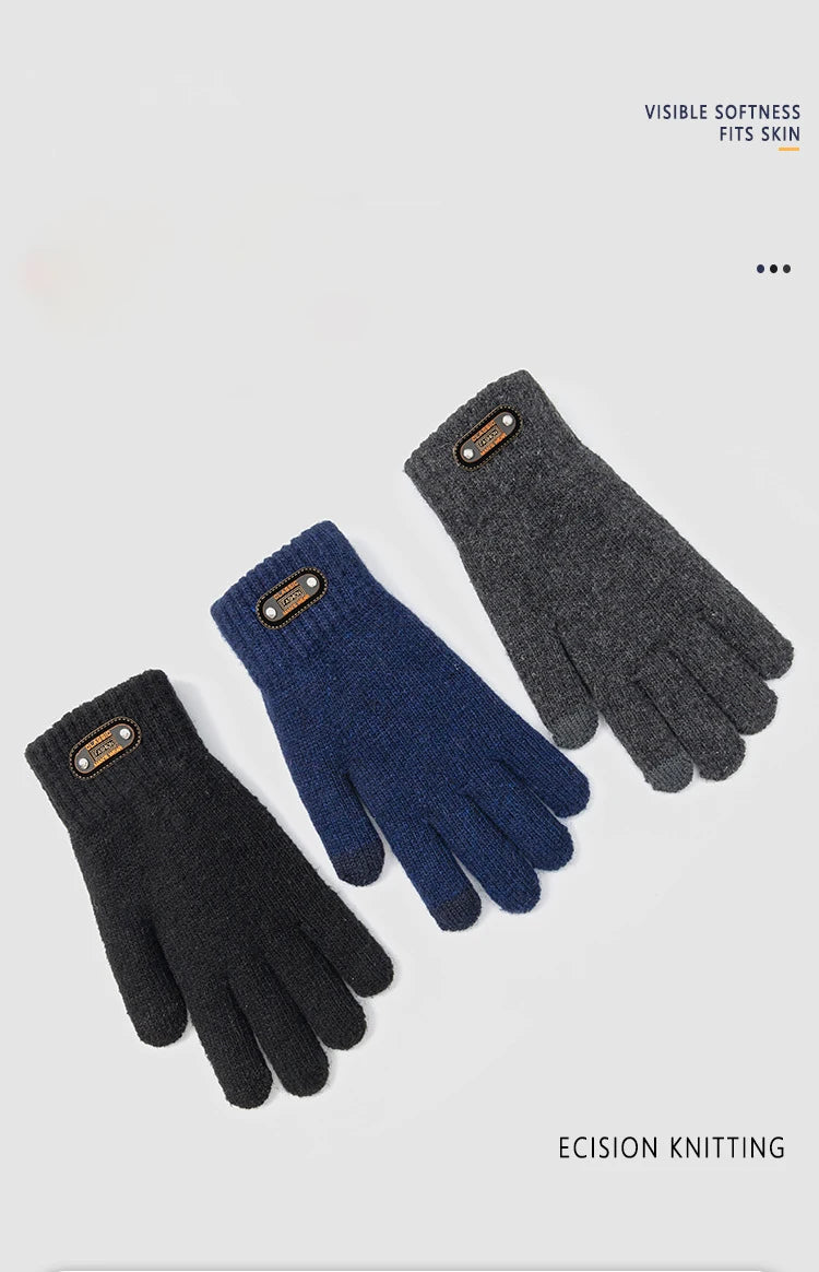 Winter Gloves for Men Touch Screen Cycling Windproof Wool Knit Thick Fleece Office Student Warm Business Game Elastic Soft Glove