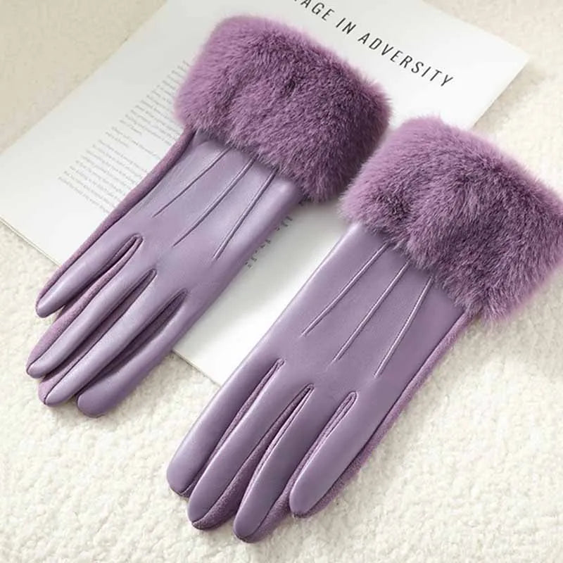 Winter Luxury Women's PU Leather Gloves Wrist Soft Faux Fur Trim Cuff Fashion Elegant Party Warm Touch Screen Drive Cycling