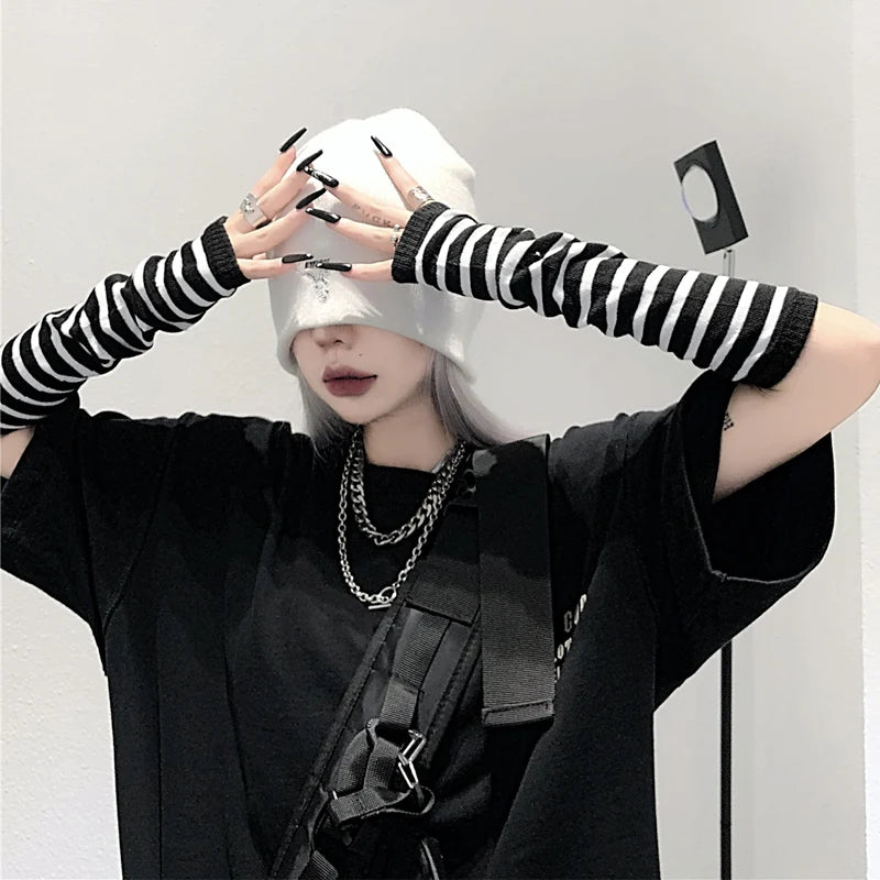 Black Punk Long Fingerless Gloves Cuff for Women Men Outdoor Hip-hop Glove Elbow Mittens Cool Stretch Winter Arm Warmer Mitten