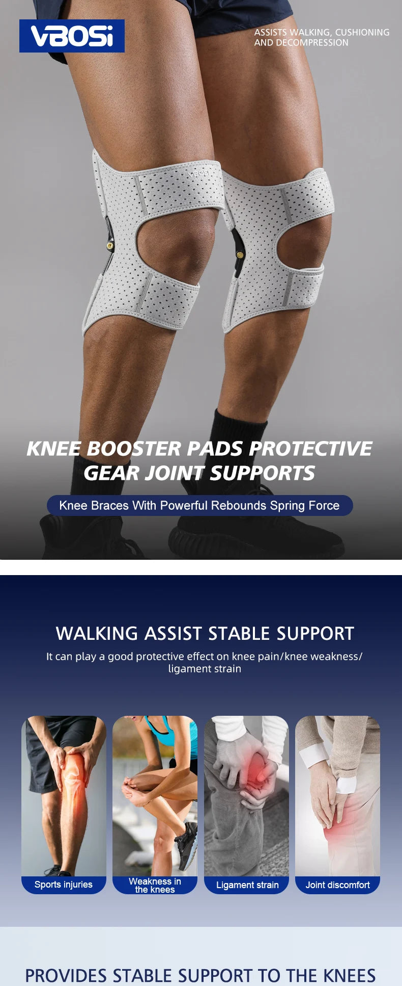 VBOSi 1 Pair Adjustable Knee Brace with Triple-Spring Booster Men Women Rebound Stabilizer for Sports Training & Squat Support