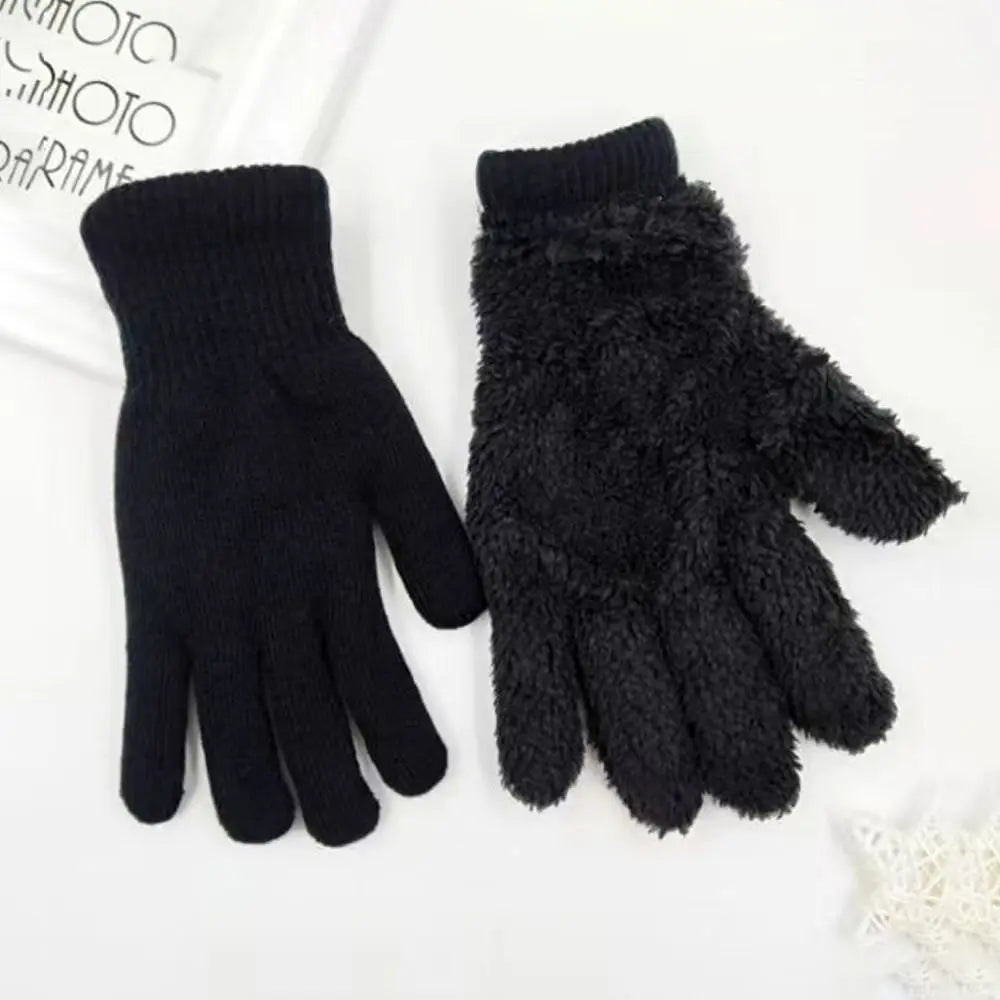 Fashion Boys Girl Winter Gloves Pure Color Lamb Velvet  Mittens Soft Warm Black Double Layer Male Thickened Gloves