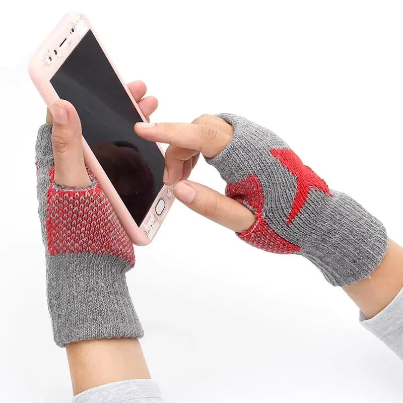 Autumn Winter Knitted Woolen Gloves Ins Fashion Y2K Men Women Half Finger Warm Five Pointed Star Fingerless Gloves Unisex