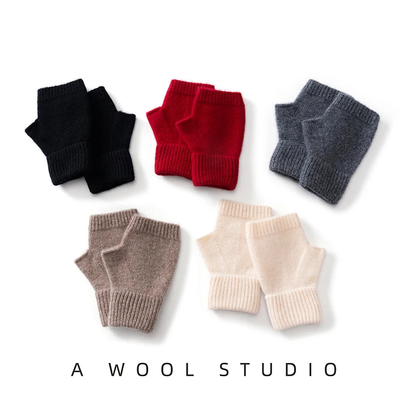 2025 Winter Women 100% Merino Wool Mitts 15cm Knitted Fingerless Gloves Thermal Gloves Semi Finger Lengthen Mittens Arm Warmers
