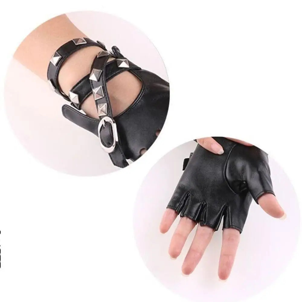 Unisex Fingerless Driving PU Leather Gloves Motor Cool Rivet Sexy Disco Dancing Rock and Roll Black Red White Punk Gloves