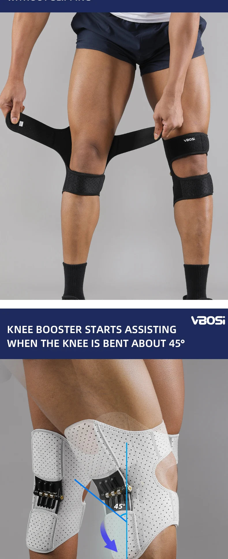 VBOSi 1 Pair Adjustable Knee Brace with Triple-Spring Booster Men Women Rebound Stabilizer for Sports Training & Squat Support