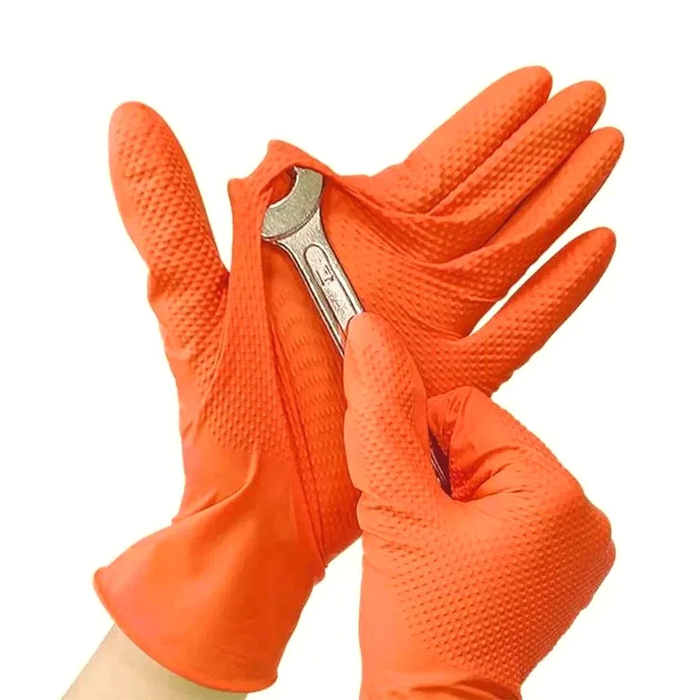 8 Mil Heavy Duty Industrial Orange Disposable Nitrile Gloves Diamond Textured Tear-Resistant for Mechanic Safety & Work Glove