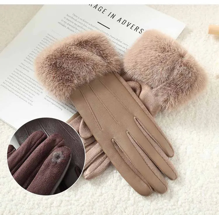 Winter Luxury Women's PU Leather Gloves Wrist Soft Faux Fur Trim Cuff Fashion Elegant Party Warm Touch Screen Drive Cycling
