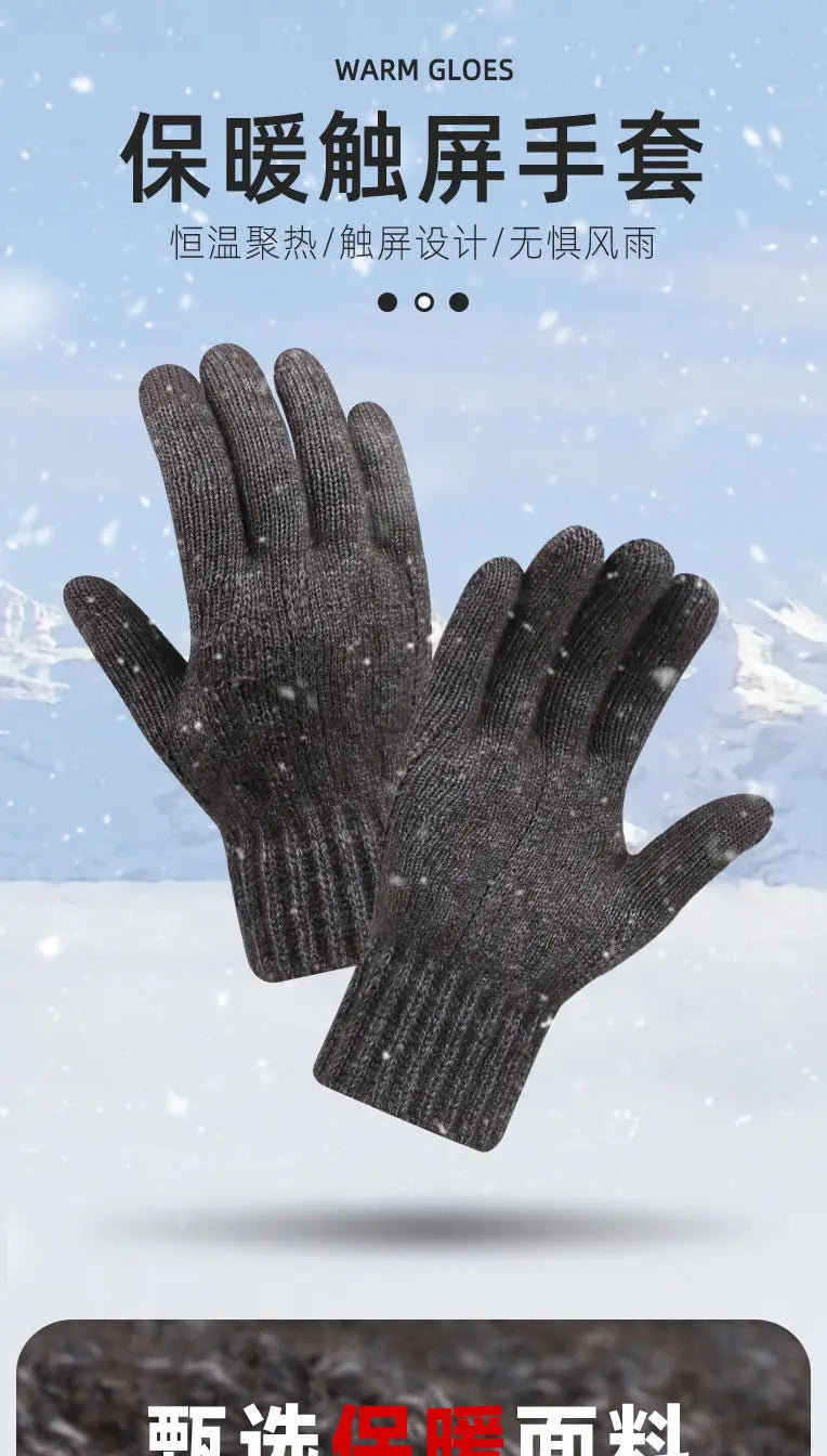 New men's warm gloves winter touch screen plus fleece gloves cold warm wool knitted gloves Outdoor Windproof Skiing Snow Mittens