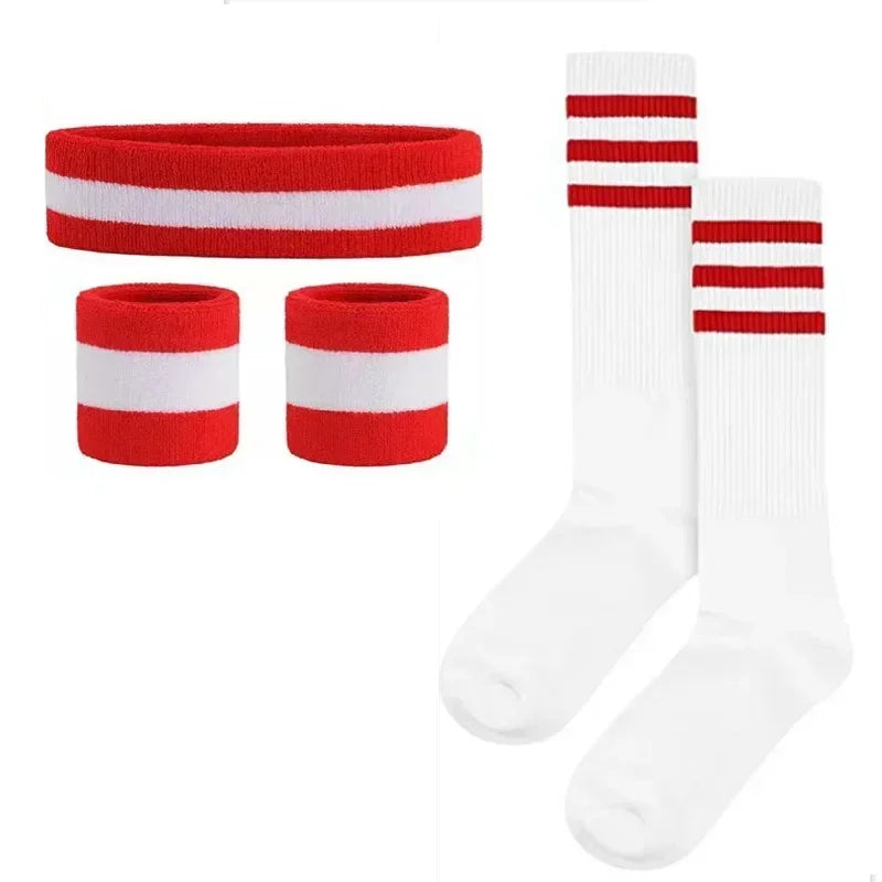 Striped Wrist Brace Hair Band Sport Socks Set Sweat-absorbing Headband Wristband Football Socks Table Tennis Wrist Band