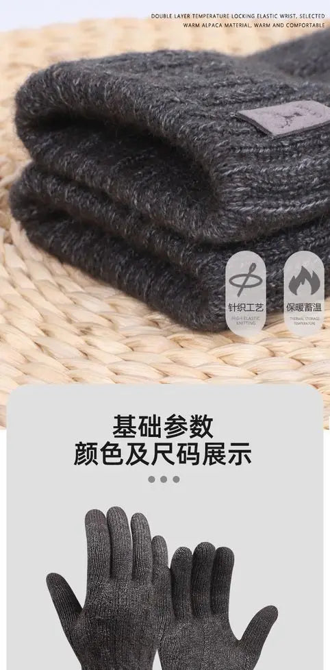 New men's warm gloves winter touch screen plus fleece gloves cold warm wool knitted gloves Outdoor Windproof Skiing Snow Mittens