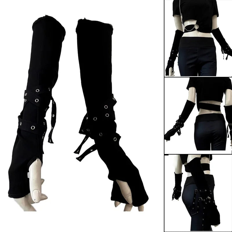 1 Pair Cool Black Gothic Sun-protective Sleeve Punk Unisex Arm Warmer Harajuku Half-fingered Gloves Cuff with Buckle Ninja