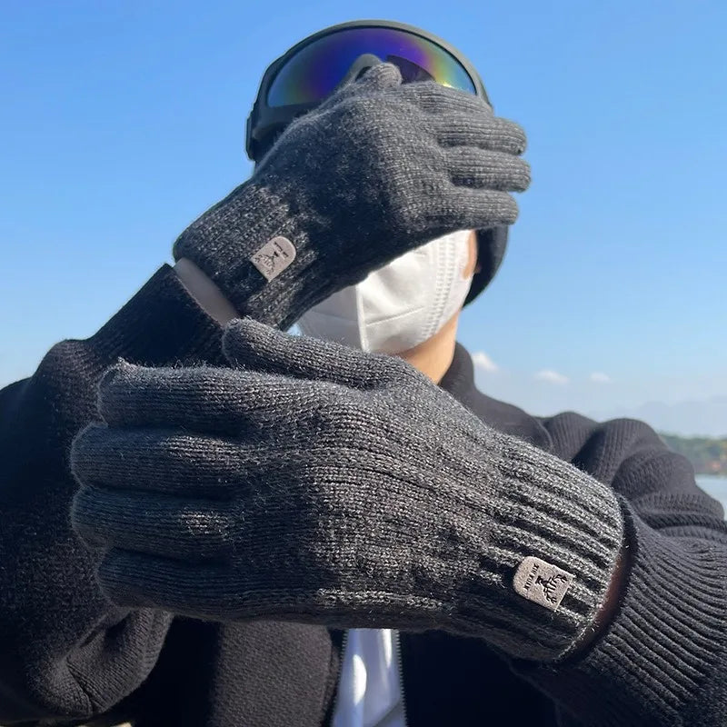 New men's warm gloves winter touch screen plus fleece gloves cold warm wool knitted gloves Outdoor Windproof Skiing Snow Mittens