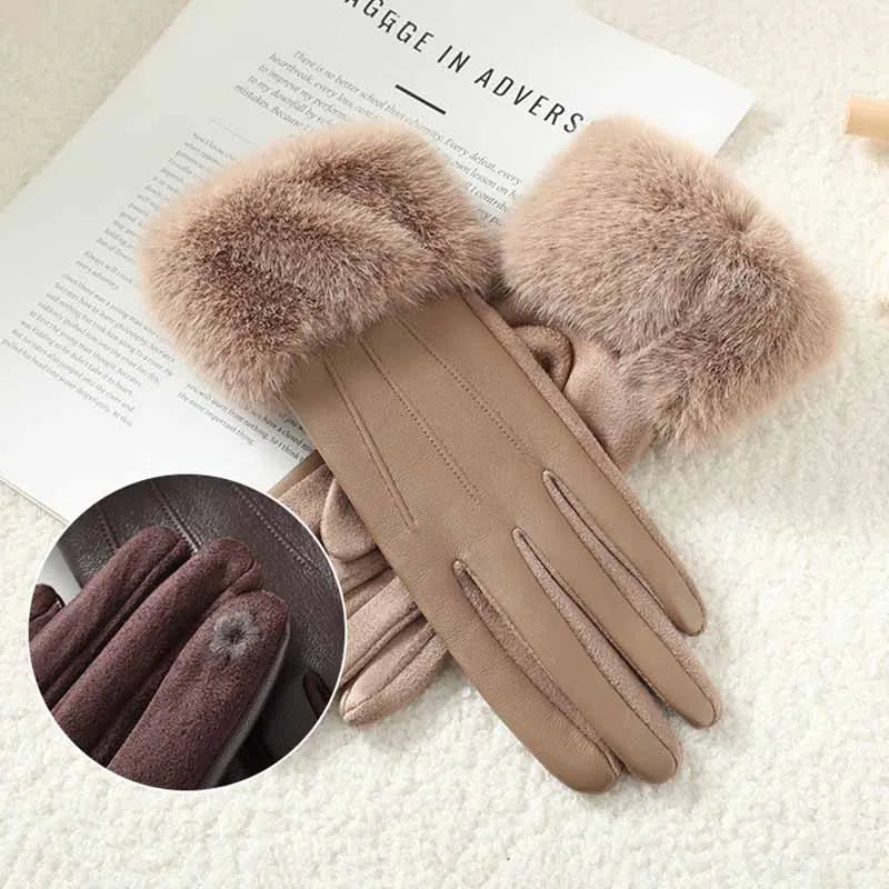 Winter Luxury Women's PU Leather Gloves Wrist Soft Faux Fur Trim Cuff Fashion Elegant Party Warm Touch Screen Drive Cycling