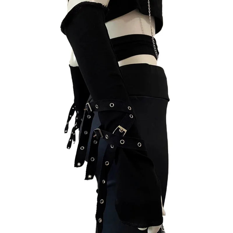 1 Pair Cool Black Gothic Sun-protective Sleeve Punk Unisex Arm Warmer Harajuku Half-fingered Gloves Cuff with Buckle Ninja