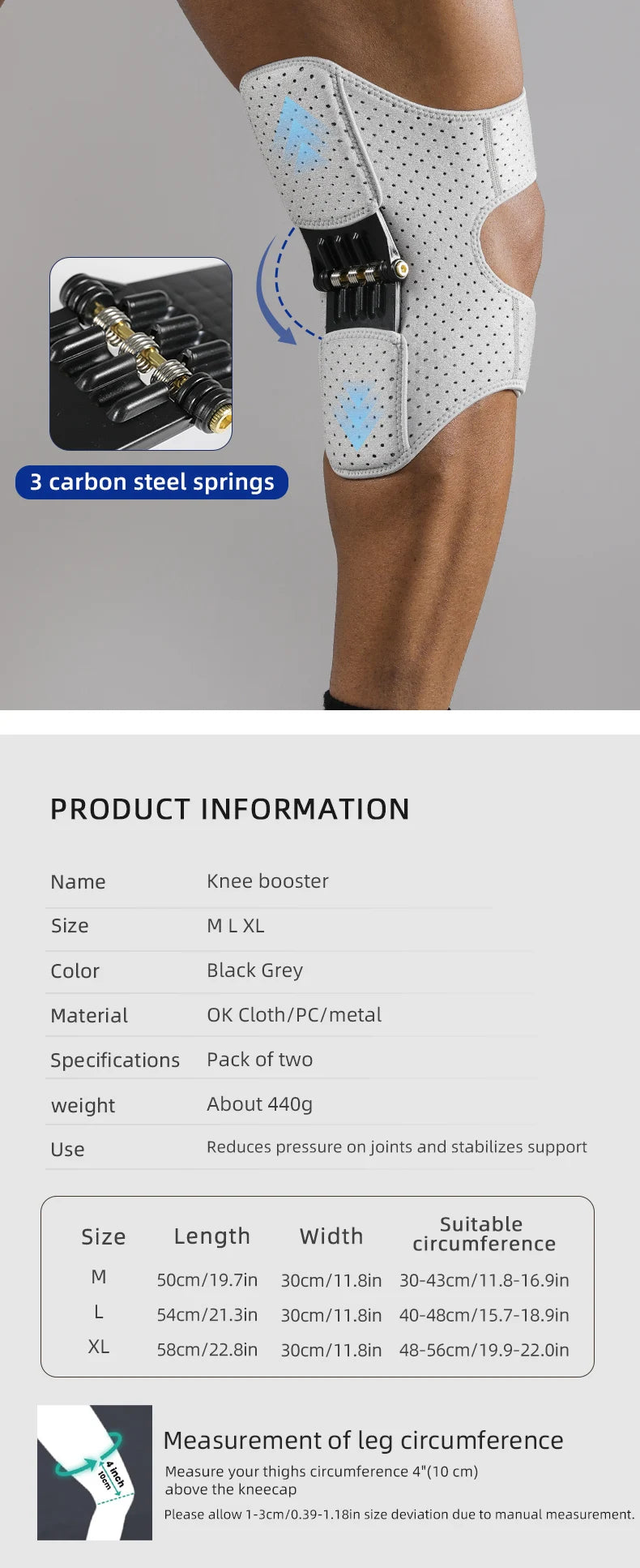 VBOSi 1 Pair Adjustable Knee Brace with Triple-Spring Booster Men Women Rebound Stabilizer for Sports Training & Squat Support