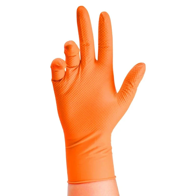 8 Mil Heavy Duty Industrial Orange Disposable Nitrile Gloves Diamond Textured Tear-Resistant for Mechanic Safety & Work Glove