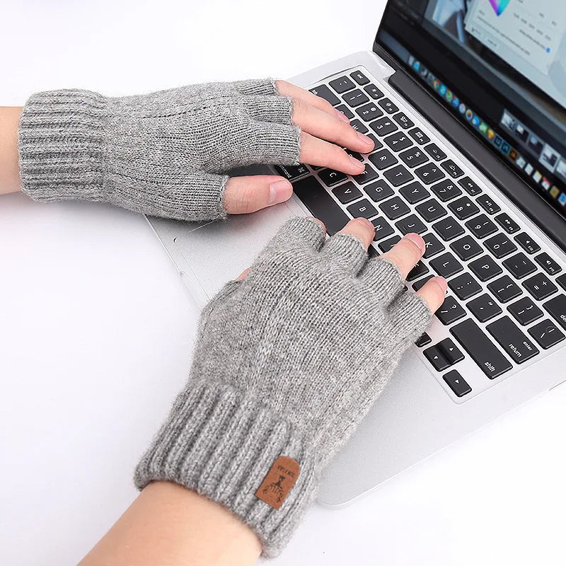 Half finger gloves for men winter warm and cold leak five finger couple female students knitted wool write