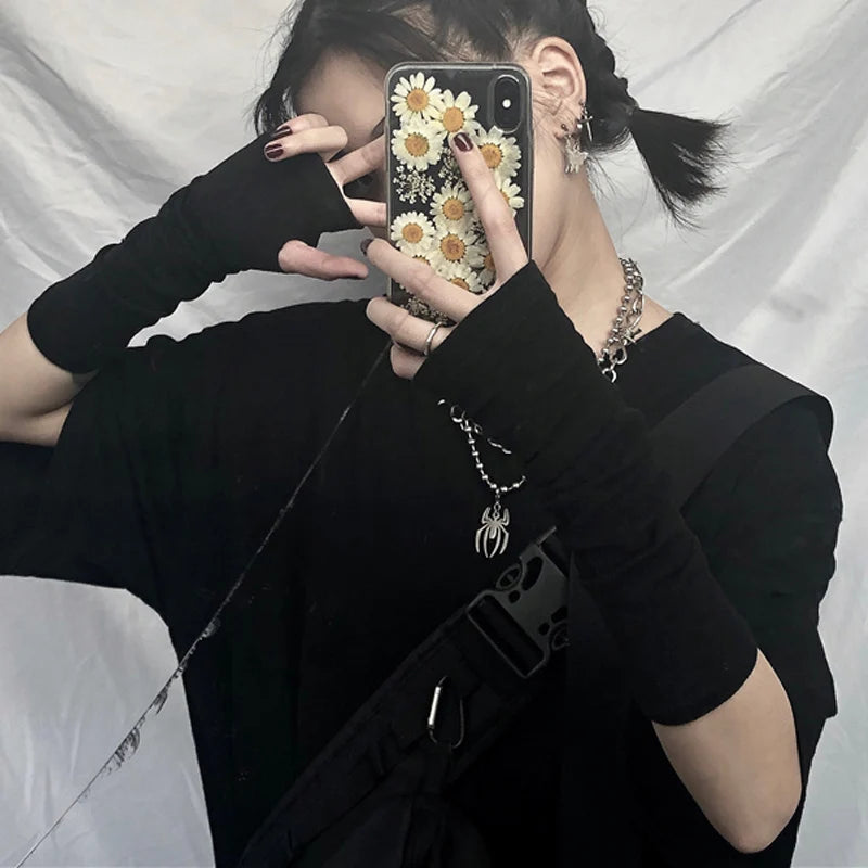 Black Punk Long Fingerless Gloves Cuff for Women Men Outdoor Hip-hop Glove Elbow Mittens Cool Stretch Winter Arm Warmer Mitten