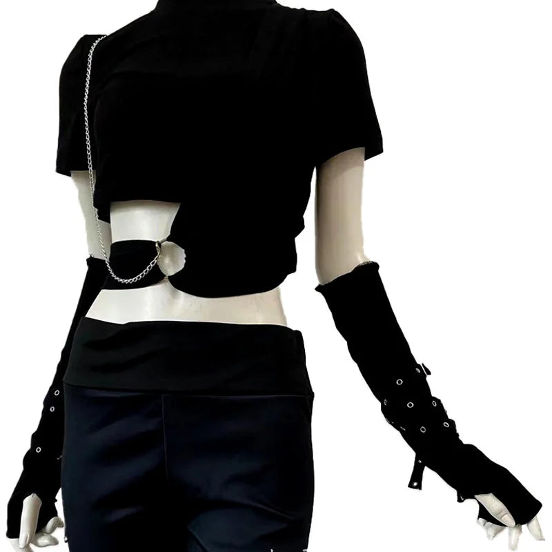 1 Pair Cool Black Gothic Sun-protective Sleeve Punk Unisex Arm Warmer Harajuku Half-fingered Gloves Cuff with Buckle Ninja