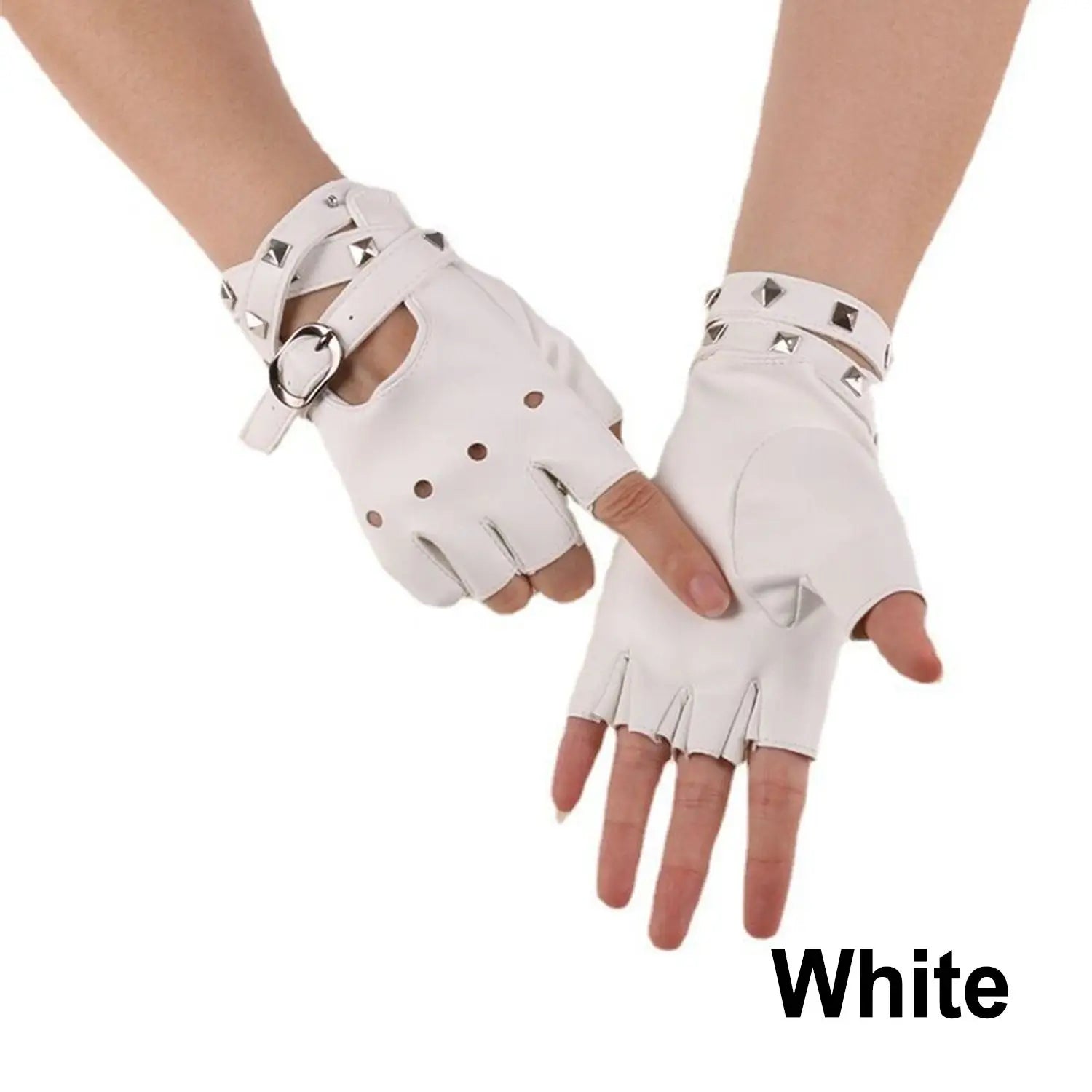 Unisex Fingerless Driving PU Leather Gloves Motor Cool Rivet Sexy Disco Dancing Rock and Roll Black Red White Punk Gloves