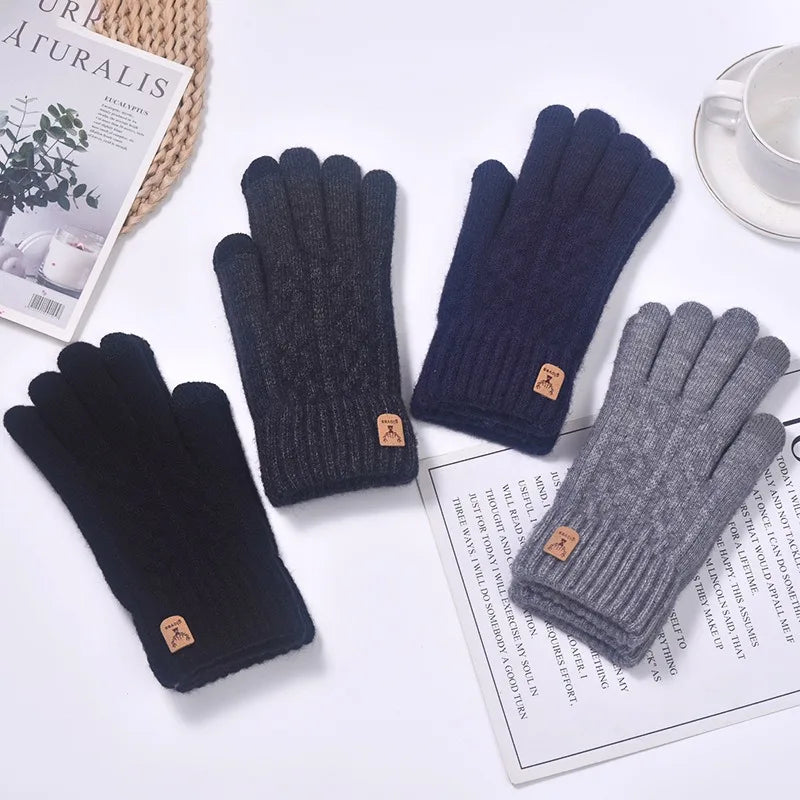 New men's warm gloves winter touch screen plus fleece gloves cold warm wool knitted gloves Outdoor Windproof Skiing Snow Mittens