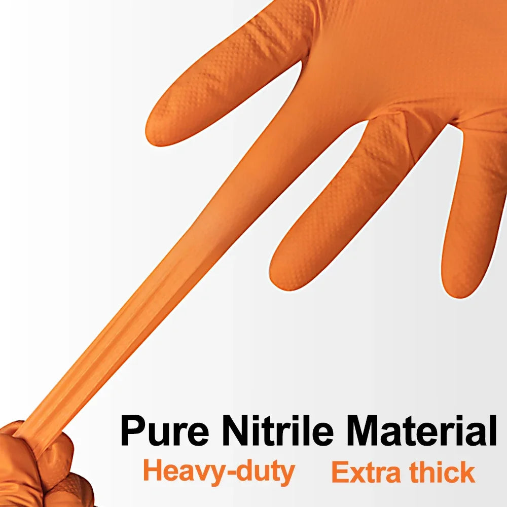 8 Mil Heavy Duty Industrial Orange Disposable Nitrile Gloves Diamond Textured Tear-Resistant for Mechanic Safety & Work Glove