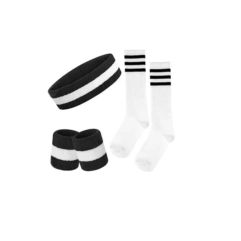 Striped Wrist Brace Hair Band Sport Socks Set Sweat-absorbing Headband Wristband Football Socks Table Tennis Wrist Band