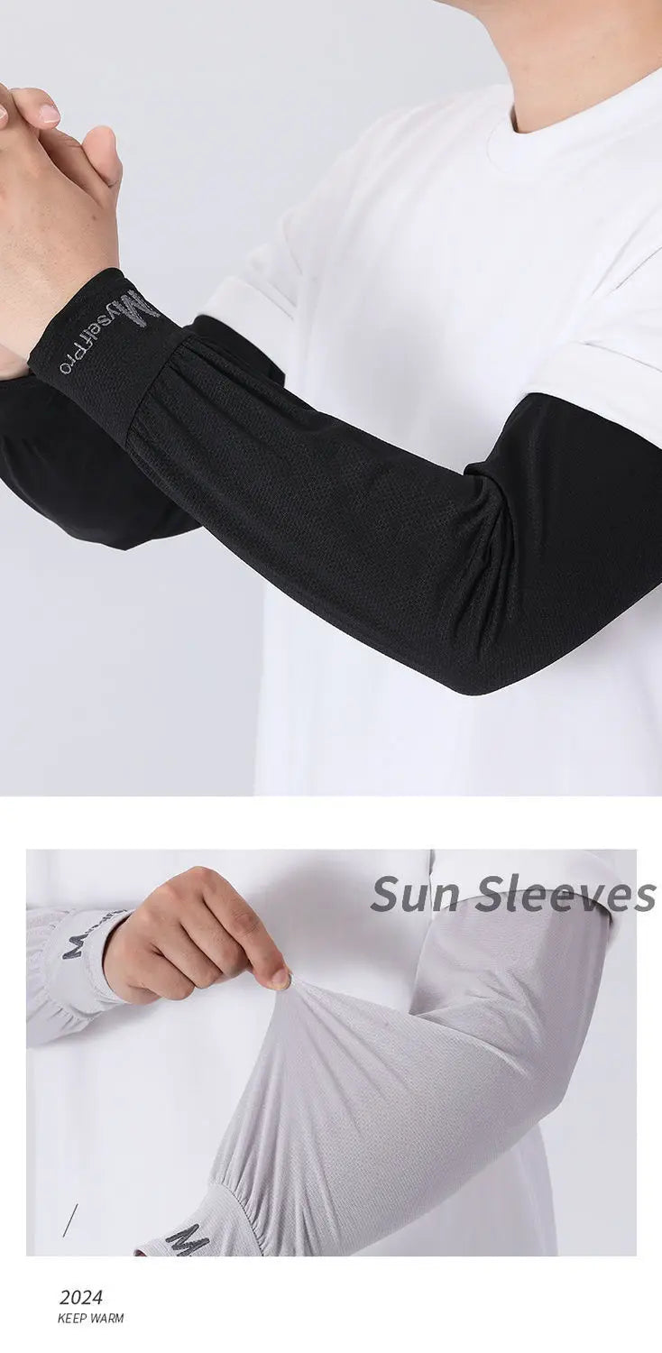 2025 Summer Ice Silk Men's Loose Sunscreen Sleeves UV Ice Gloves Riding Arm Guards Sport Running Driving Absorbent