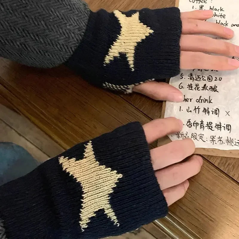 Autumn Winter Knitted Woolen Gloves Ins Fashion Y2K Men Women Half Finger Warm Five Pointed Star Fingerless Gloves Unisex