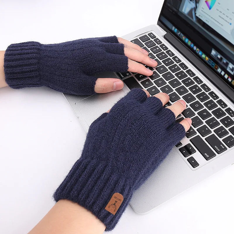 Half finger gloves for men winter warm and cold leak five finger couple female students knitted wool write