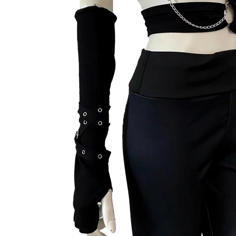 1 Pair Cool Black Gothic Sun-protective Sleeve Punk Unisex Arm Warmer Harajuku Half-fingered Gloves Cuff with Buckle Ninja