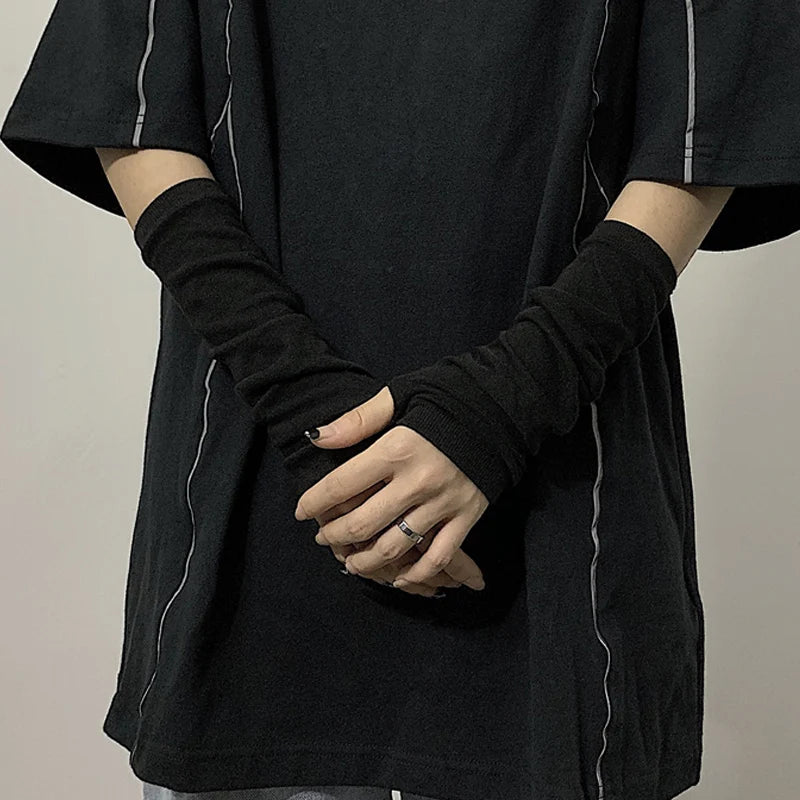 Black Punk Long Fingerless Gloves Cuff for Women Men Outdoor Hip-hop Glove Elbow Mittens Cool Stretch Winter Arm Warmer Mitten