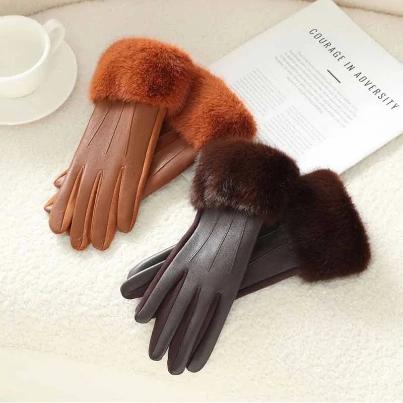 Winter Luxury Women's PU Leather Gloves Wrist Soft Faux Fur Trim Cuff Fashion Elegant Party Warm Touch Screen Drive Cycling