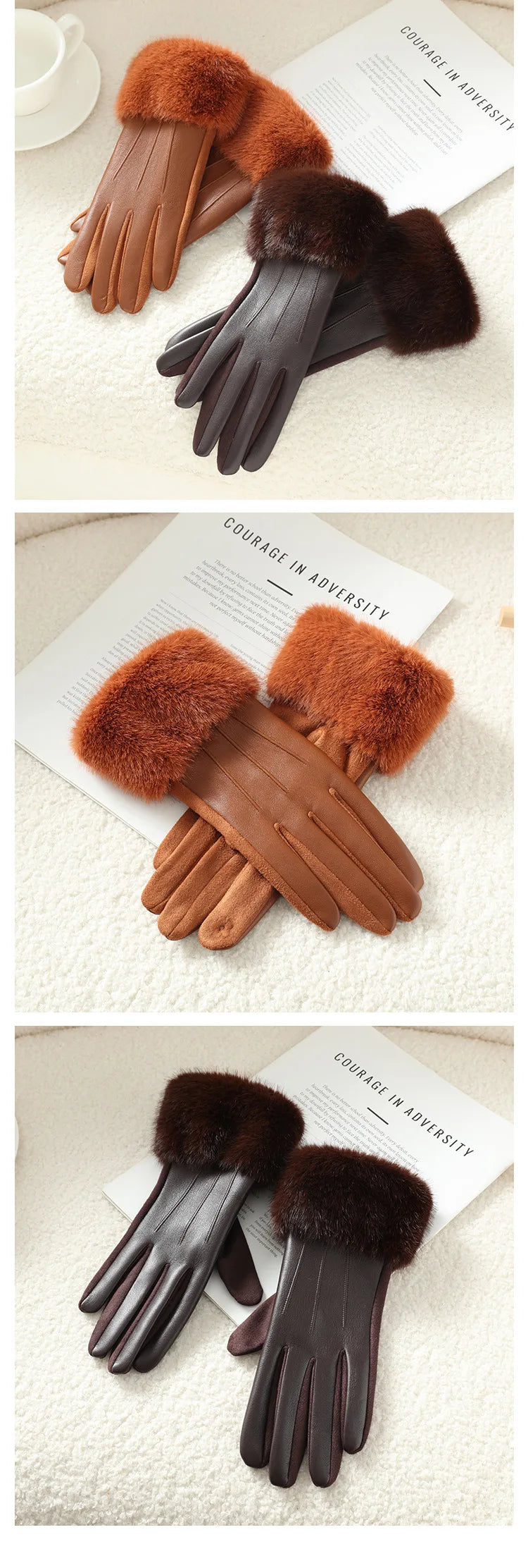 Winter Luxury Women's PU Leather Gloves Wrist Soft Faux Fur Trim Cuff Fashion Elegant Party Warm Touch Screen Drive Cycling