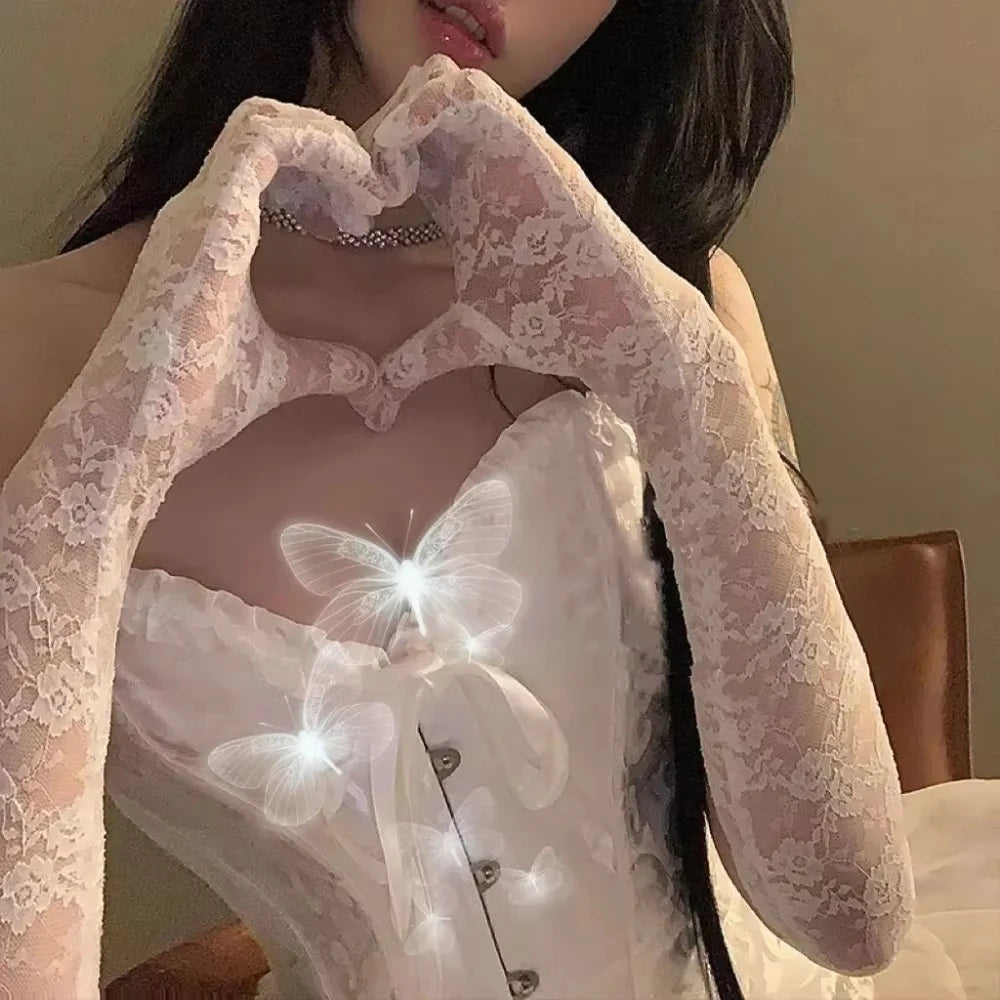 Mesh Fishnet Bowknot Long Gloves for Women Lace Ruffle Fingerless Gloves Mittens JK Lolita Kawaii White Gloves UV Protection Y2k