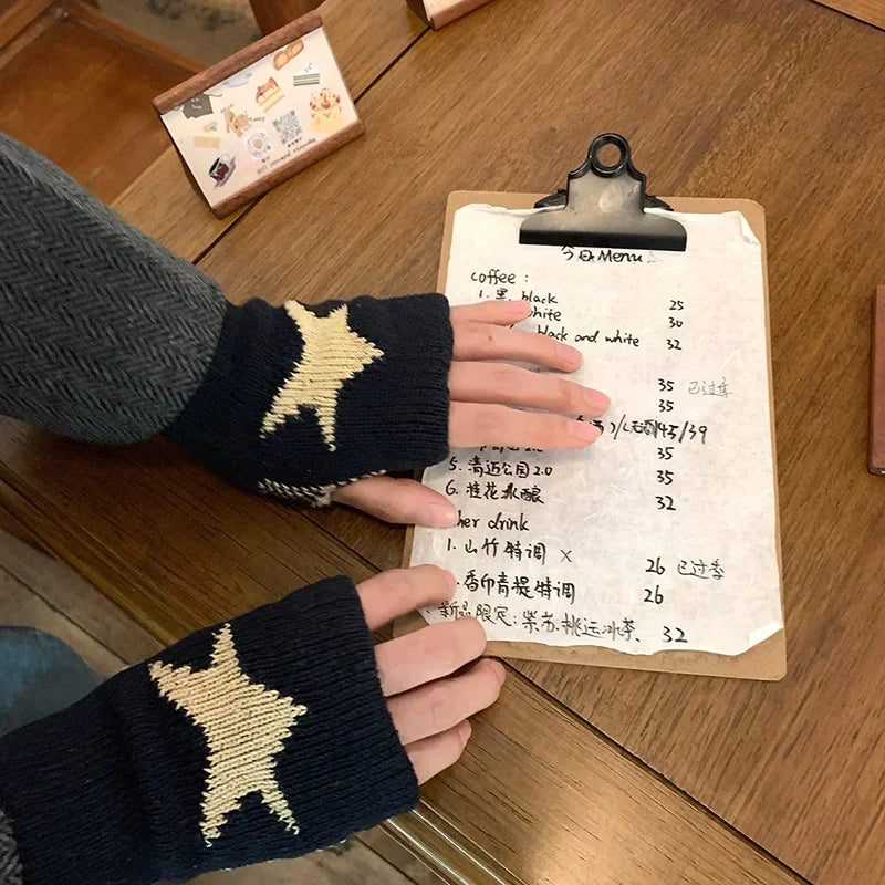 Autumn Winter Knitted Woolen Gloves Ins Fashion Y2K Men Women Half Finger Warm Five Pointed Star Fingerless Gloves Unisex