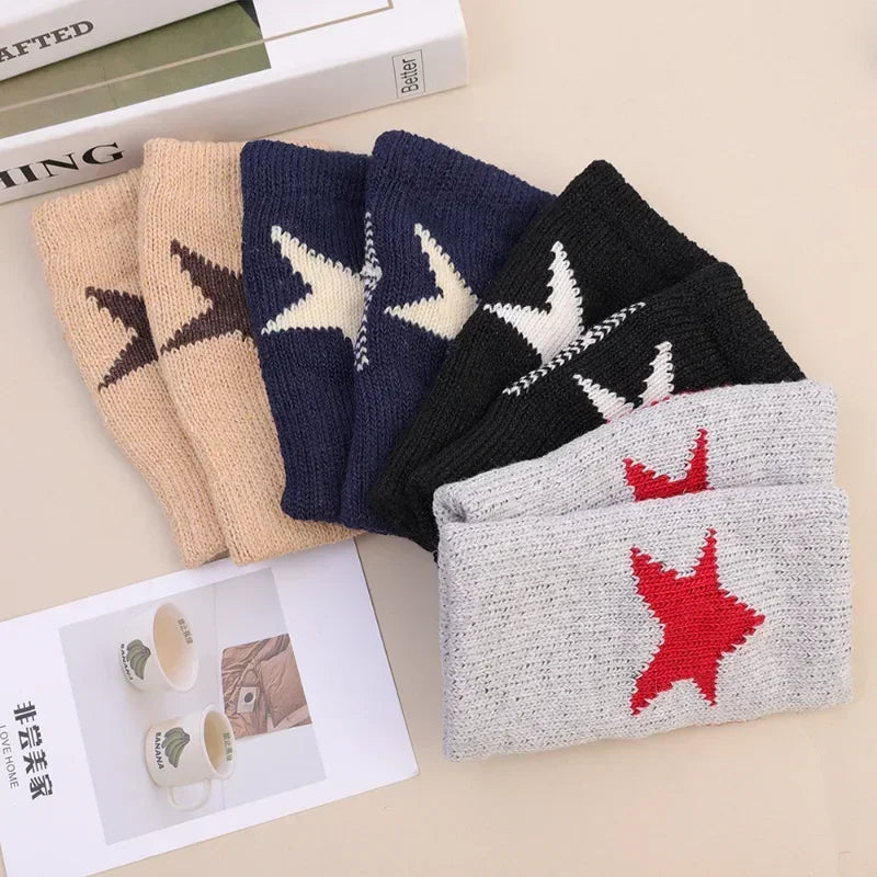 Autumn Winter Knitted Woolen Gloves Ins Fashion Y2K Men Women Half Finger Warm Five Pointed Star Fingerless Gloves Unisex