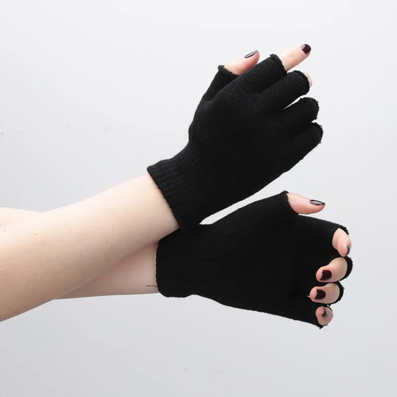 1pair Black Short Half Finger Fingerless Knit Wrist Glove Winter Warm Stretch Work Gloves for Women and Men Cycling Accessories