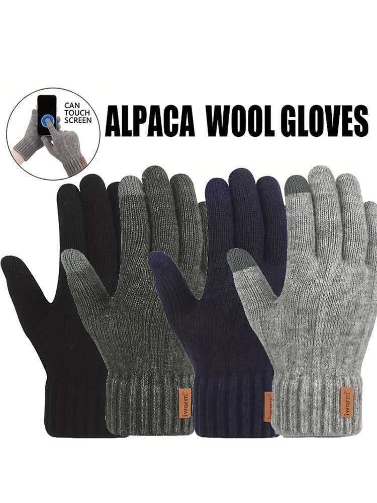 Winter Warm Alpaca Wool Gloves Full Finger Touchscreen Cashmere Gloves Men's Woman Thickening Knitted Cycling Driving Gloves