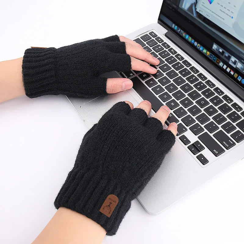 Half finger gloves for men winter warm and cold leak five finger couple female students knitted wool write