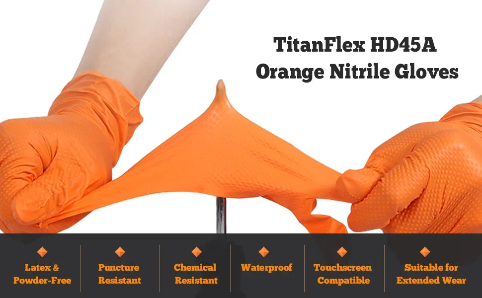 8 Mil Heavy Duty Industrial Orange Disposable Nitrile Gloves Diamond Textured Tear-Resistant for Mechanic Safety & Work Glove
