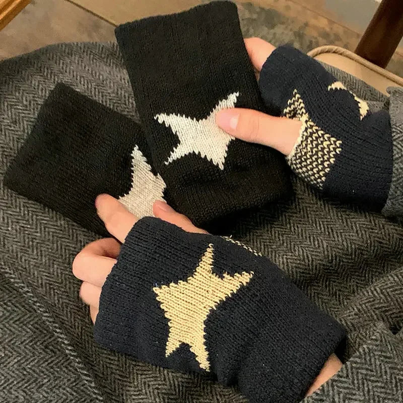 Autumn Winter Knitted Woolen Gloves Ins Fashion Y2K Men Women Half Finger Warm Five Pointed Star Fingerless Gloves Unisex