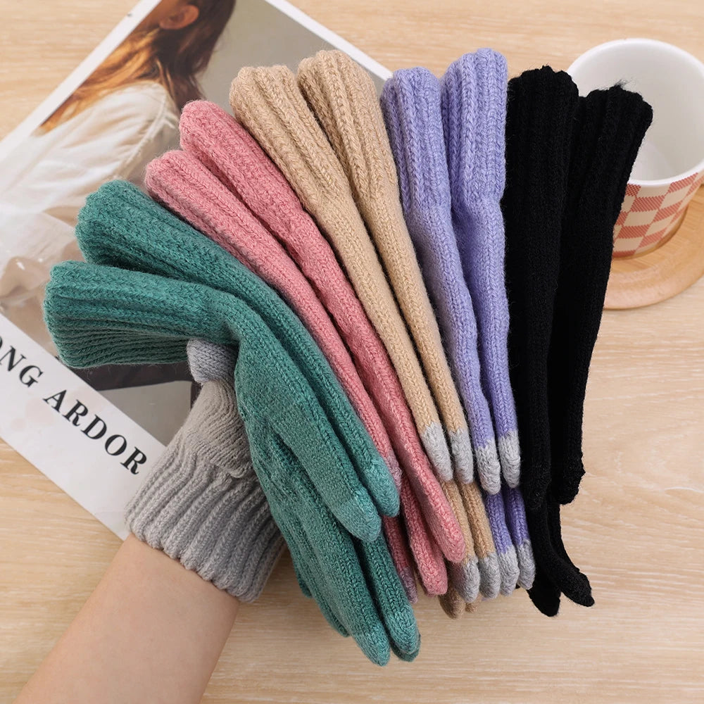 New Men's Warm Full Finger Gloves Winter Touchscreen Plus Fleece Gloves Woman Thickening Wool Knitted Cycling Driving Gloves