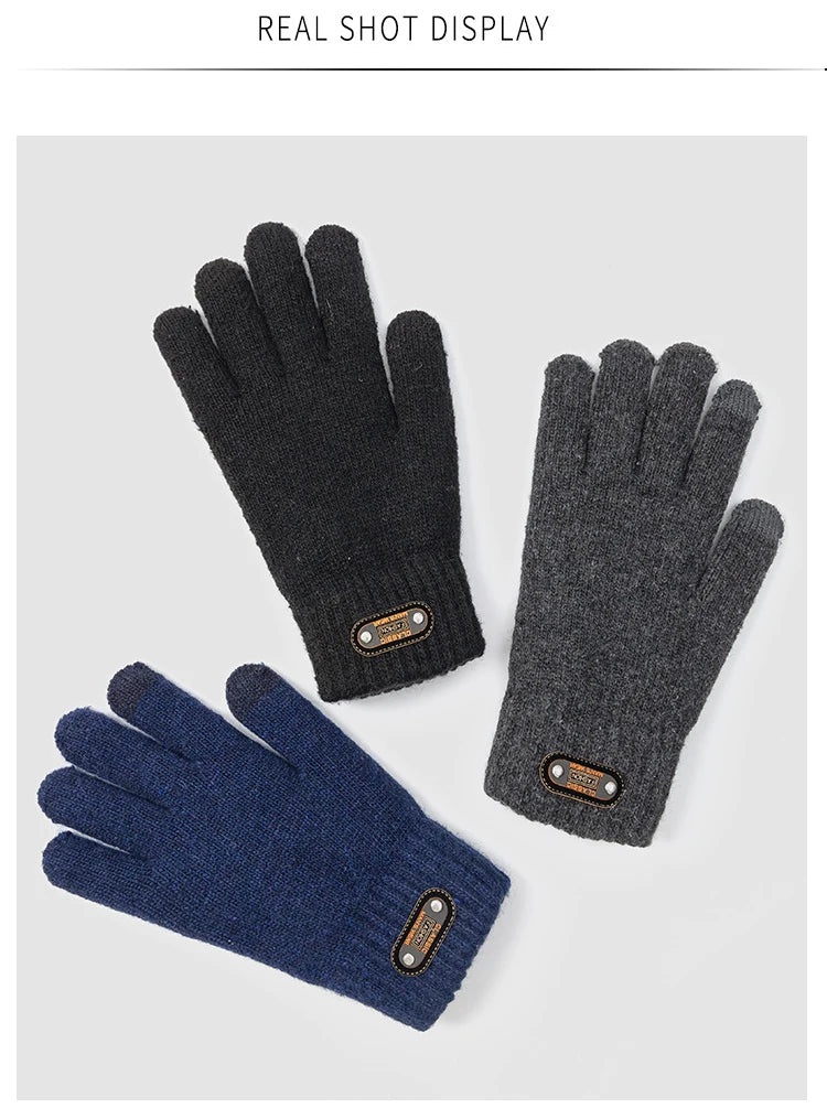 Winter Gloves for Men Touch Screen Cycling Windproof Wool Knit Thick Fleece Office Student Warm Business Game Elastic Soft Glove